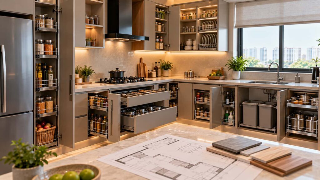 Planning modular kitchen accessories with cabinet layout and appliances