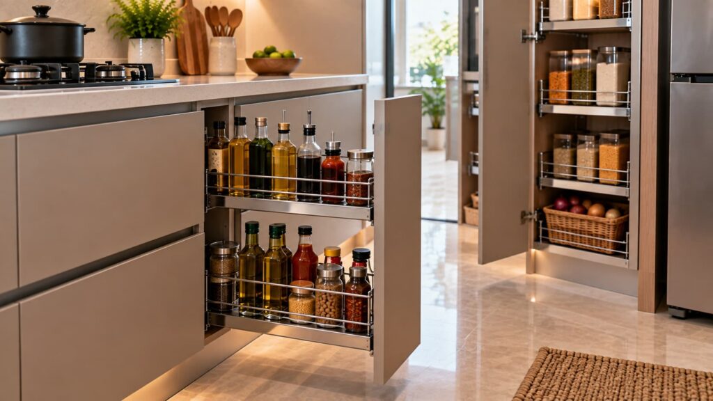 Bottle pull-out accessory for organised modular kitchen storage