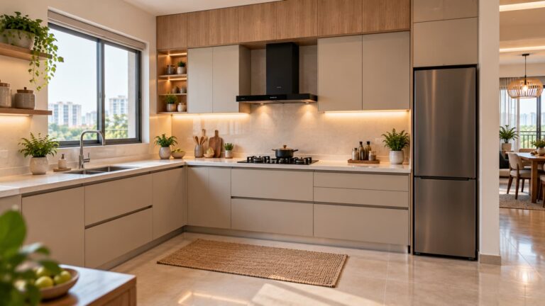 Modern modular kitchen in a Bangalore home with contemporary cabinets and practical storage
