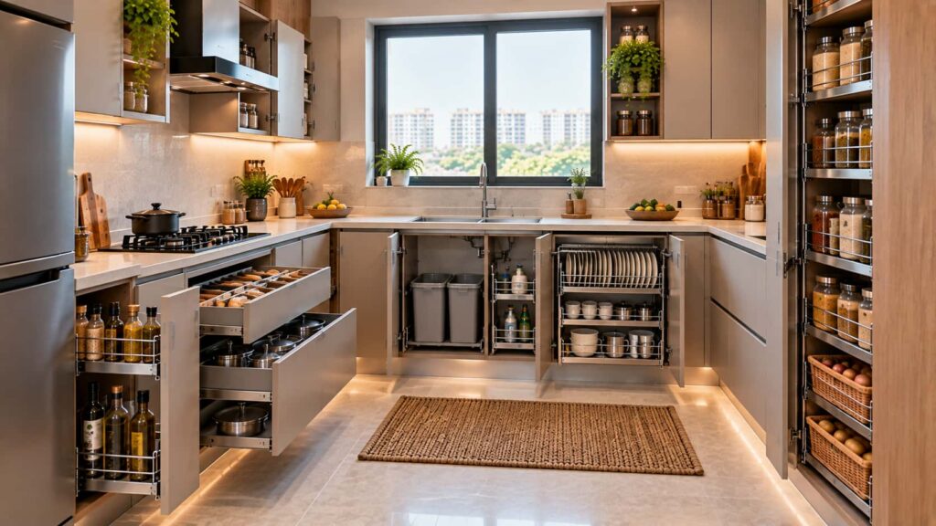 Modern modular kitchen interior with practical storage accessories in Bangalore