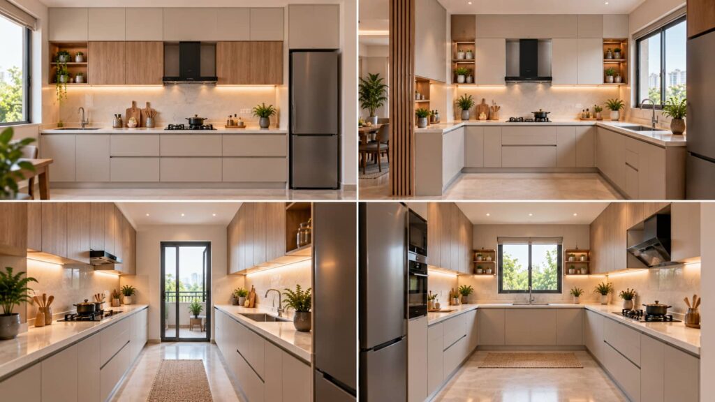 Different modular kitchen layouts including straight, L-shaped, parallel and U-shaped designs