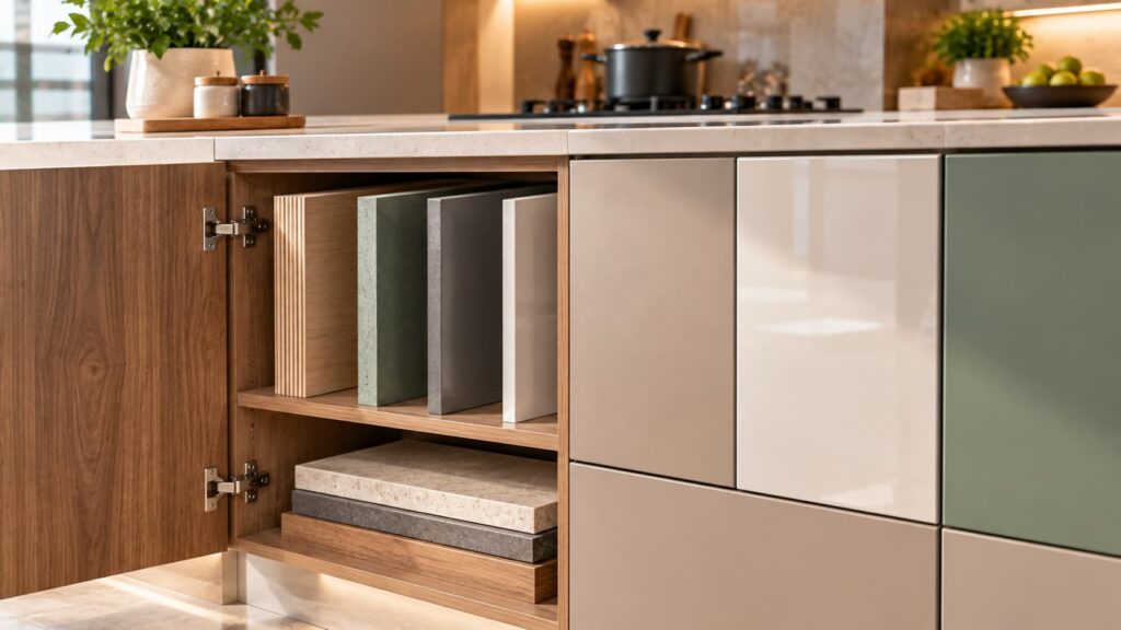 Kitchen cabinet materials and finishes including plywood, laminate, acrylic and premium surfaces Image Prompt: