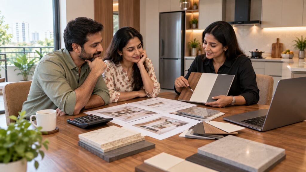 Homeowner comparing modular kitchen quotation and budget details with an interior designer