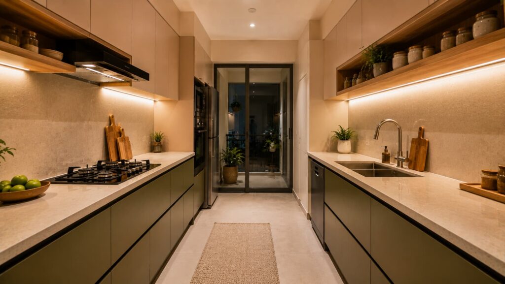 Olive green and blush beige parallel kitchen with open shelves