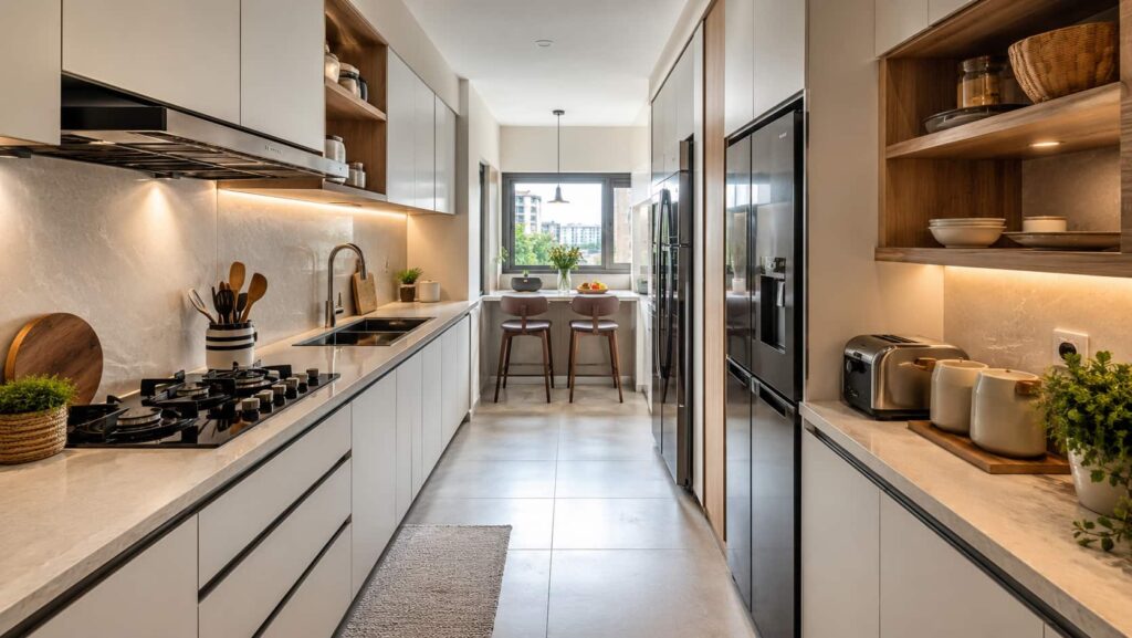 White and teak wood parallel modular kitchen design