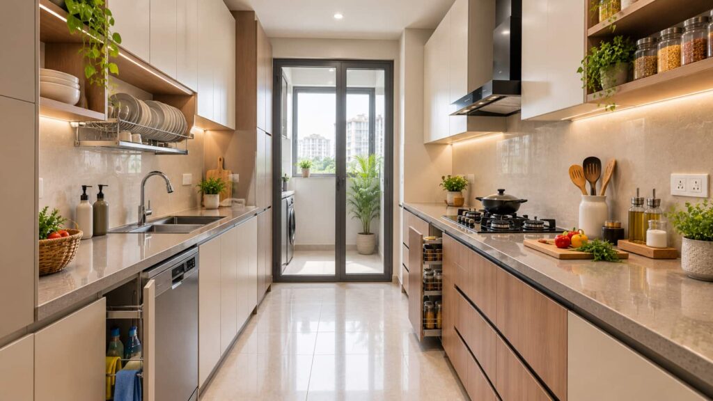 Terracotta and beige parallel modular kitchen with separate wet and dry zones