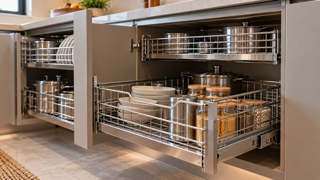 Stainless steel kitchen baskets with sturdy construction and drawer runners
