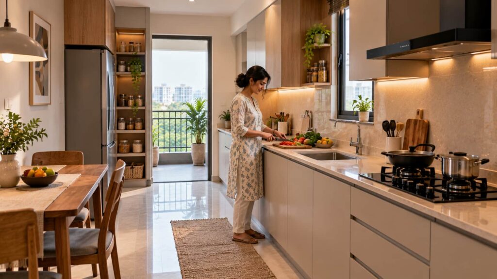 Person preparing food in an efficiently arranged straight-line kitchen