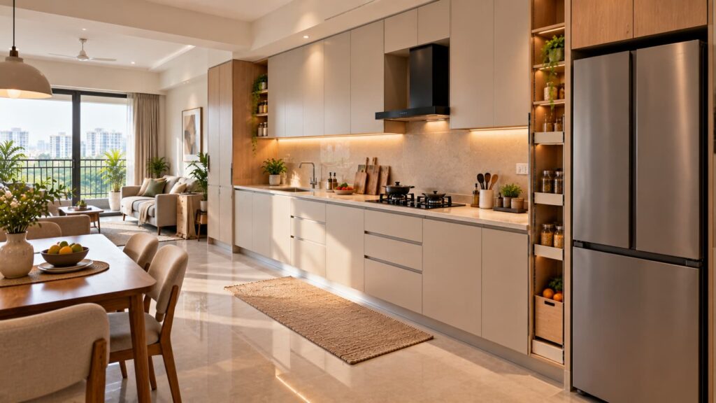 Modern straight modular kitchen in a compact Bangalore apartment