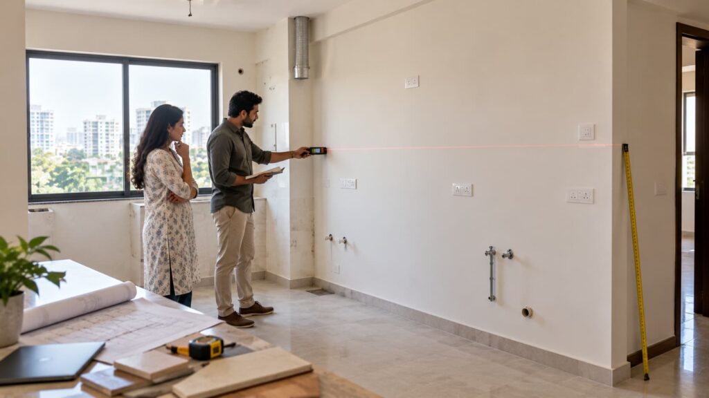 Interior designer measuring a kitchen wall before planning a straight kitchen