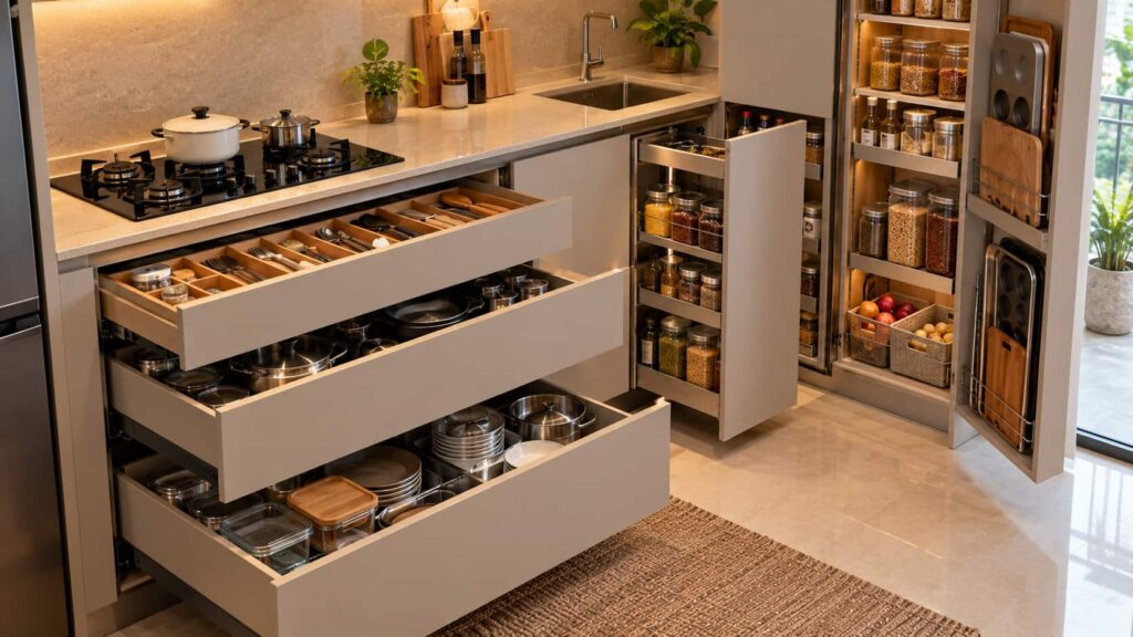 Smart storage solutions with drawers and tall cabinets in a straight kitchen