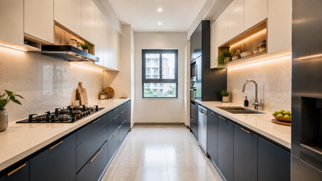 Charcoal and mustard two-tone parallel modular kitchen