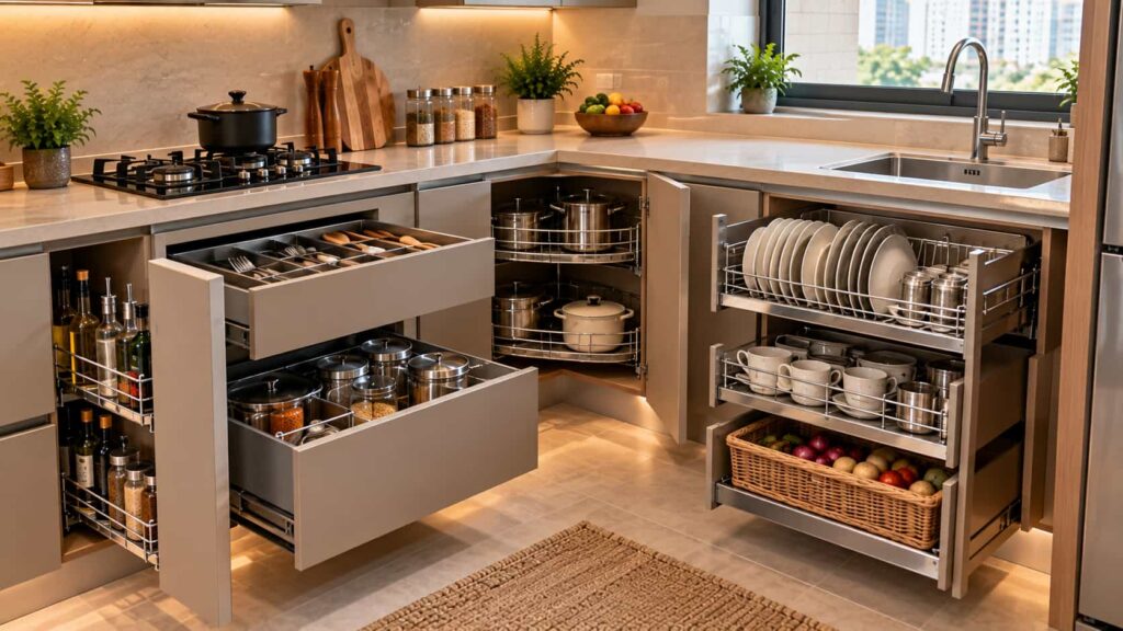 Different types of kitchen baskets for modular kitchens