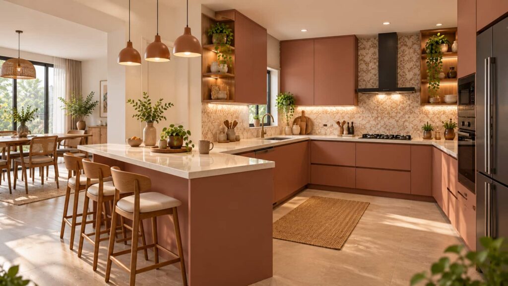 U-shaped modular kitchen with an integrated breakfast counter and seating