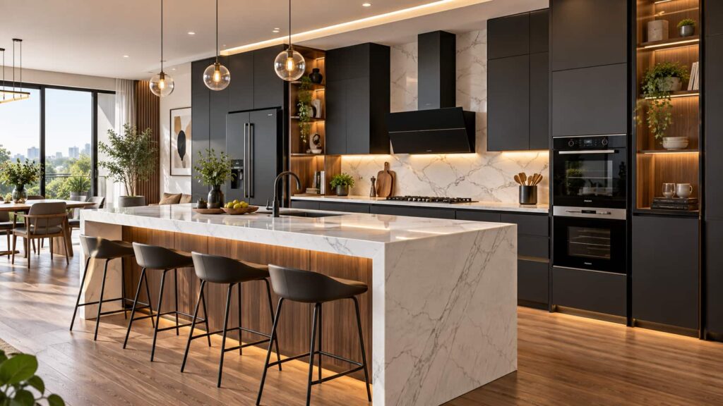 Spacious U-shaped modular kitchen with contemporary cabinets and functional work zones