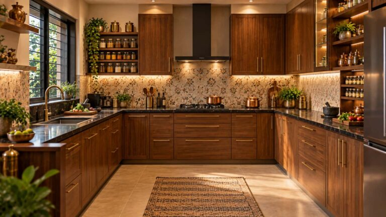 Warm wood U-shaped modular kitchen designed for practical Indian cooking